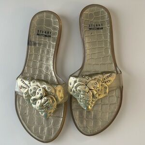 Gold Stuart Weitzman Sandal.